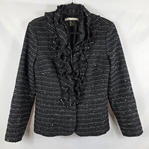 Peter Nygard Wool Blend Black Tweed Blazer Women's Size 10 Silver Stripes Ruffle